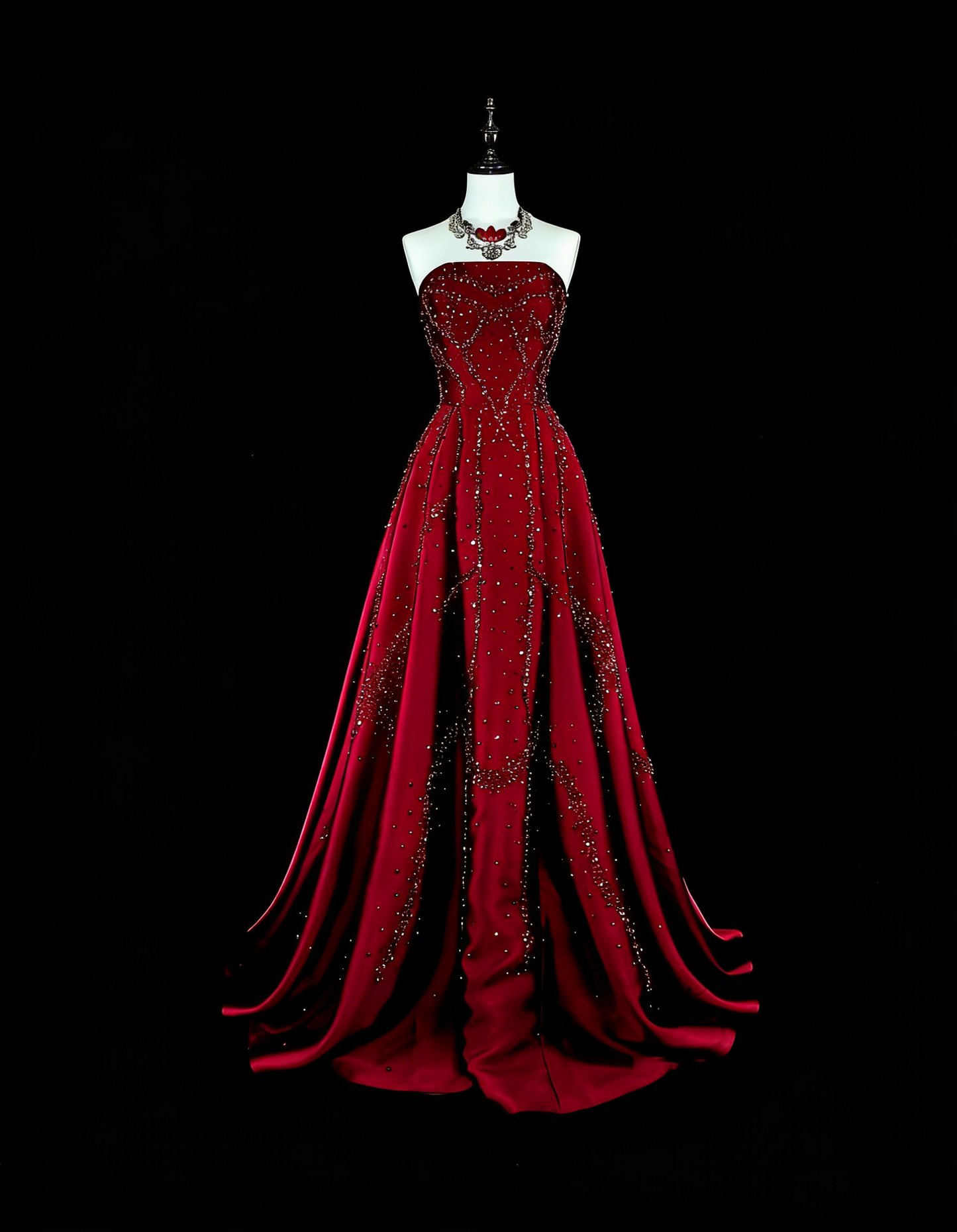 Vintage-Ballkleider A-Linie Trägerlos Burgunder Tüll Mit Perlenbesetztem Oberteil Langes Partykleid N2377
