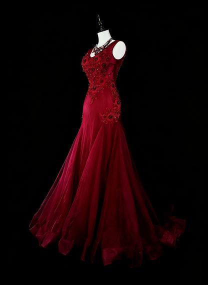 Robes de bal vintage esthétique Années 60 Rétro Col en V Sirène Bourgogne Longue Robe de soirée N2146