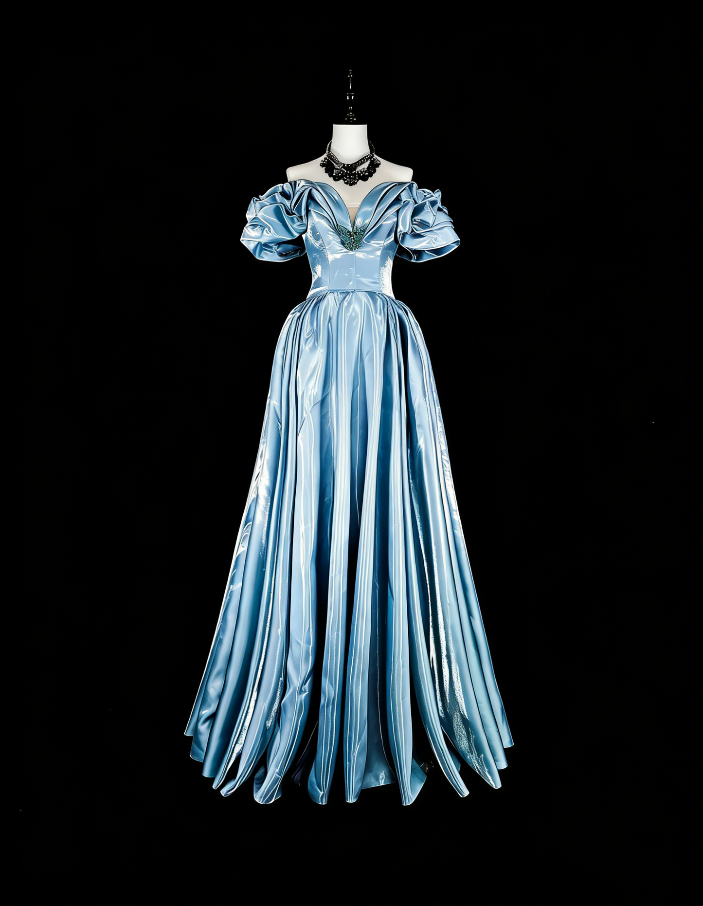 Robes de bal de rêve Esthétique rétro années 80 Épaules dénudées Bleu clair Longues tenues de soirée N2363