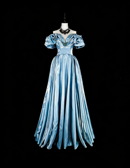 Robes de bal de rêve Esthétique rétro années 80 Épaules dénudées Bleu clair Longues tenues de soirée N2363