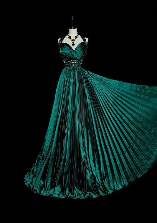 Robe de bal vintage années 70, coupe trapèze, dos nu, en satin vert à volants et perles, sans manches, longue, N1479