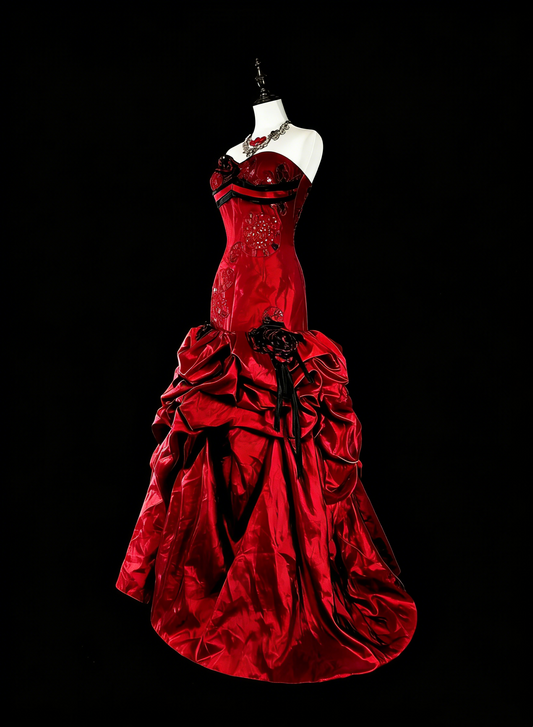 Vintage Prom Dresses Mermaid Strapless Folds Burgundy Satin With Appliques Long Party Dress N2373