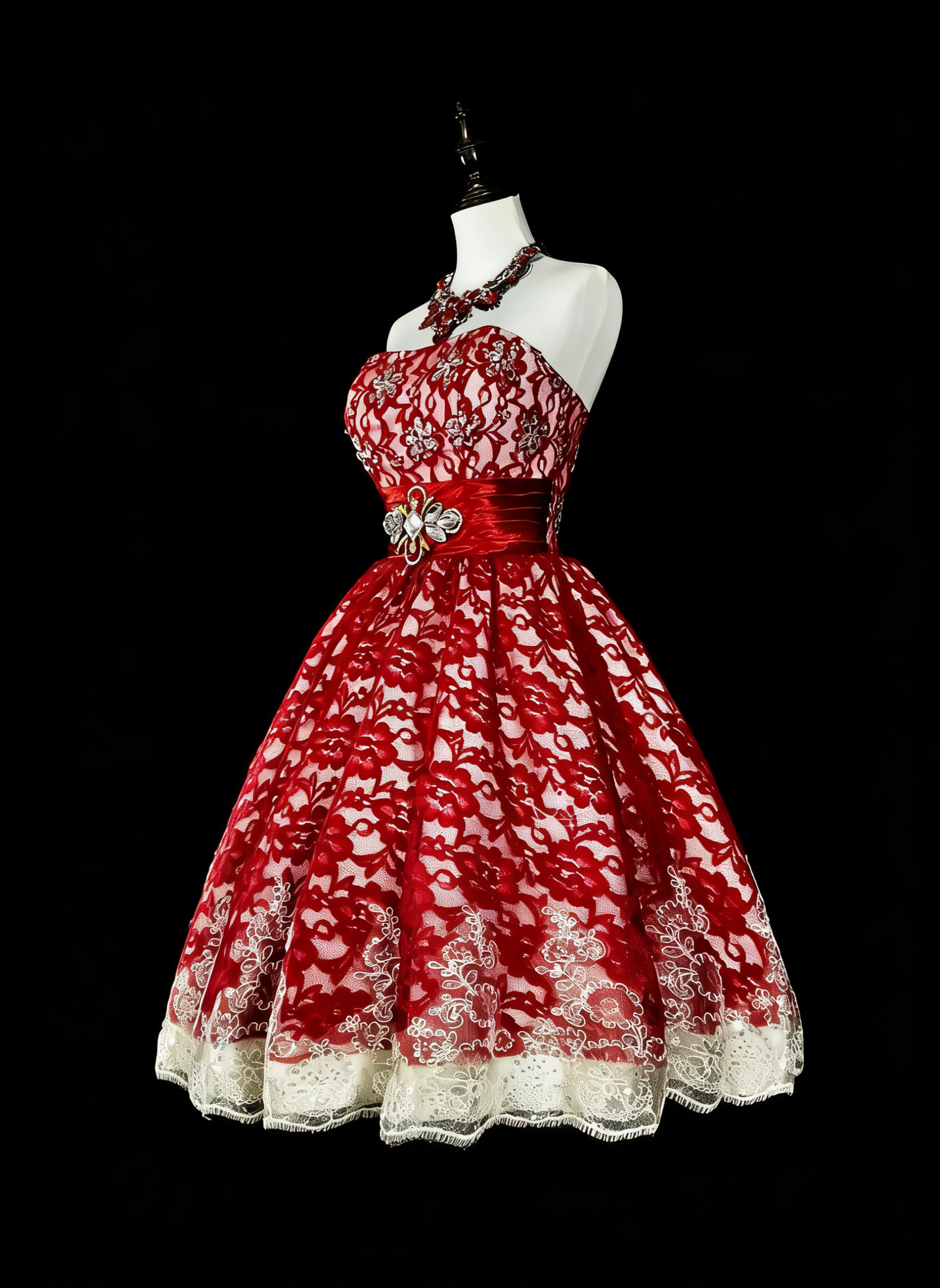 Robe de bal bustier en dentelle rouge d'inspiration unique - Robes de bal courtes d'inspiration vintage des années 2000 N2010