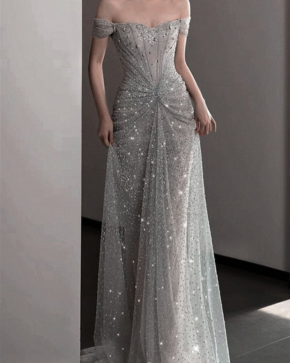 Robe de bal longue sirène à sequins argentés et perles, manches courtes, ravissante, pour femme AB1514