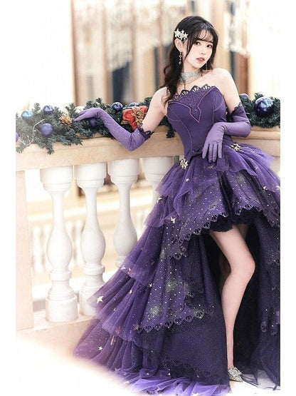 Elegantes, trägerloses, lila Satin-Abendkleid mit Spitze und asymmetrischem Saum, langes Partykleid, Abschlusskleid, formelles Abendkleid AB1959