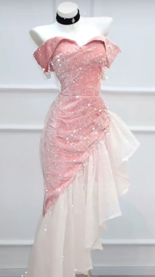 Élégante Robe de Soirée Formelle Sirène Rose Épaules Dénudées Manches Courtes Paillettes Anniversaire Bal de Promo N2816