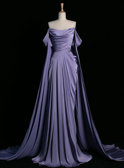 Robe de bal sirène violette à épaules dénudées et plis, modèle AB438
