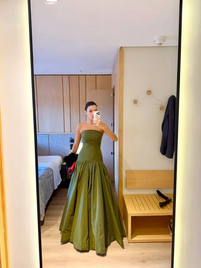 Robe de soirée chic, coupe trapèze, bustier, en satin vert olive, taille basque, sans manches, AB452