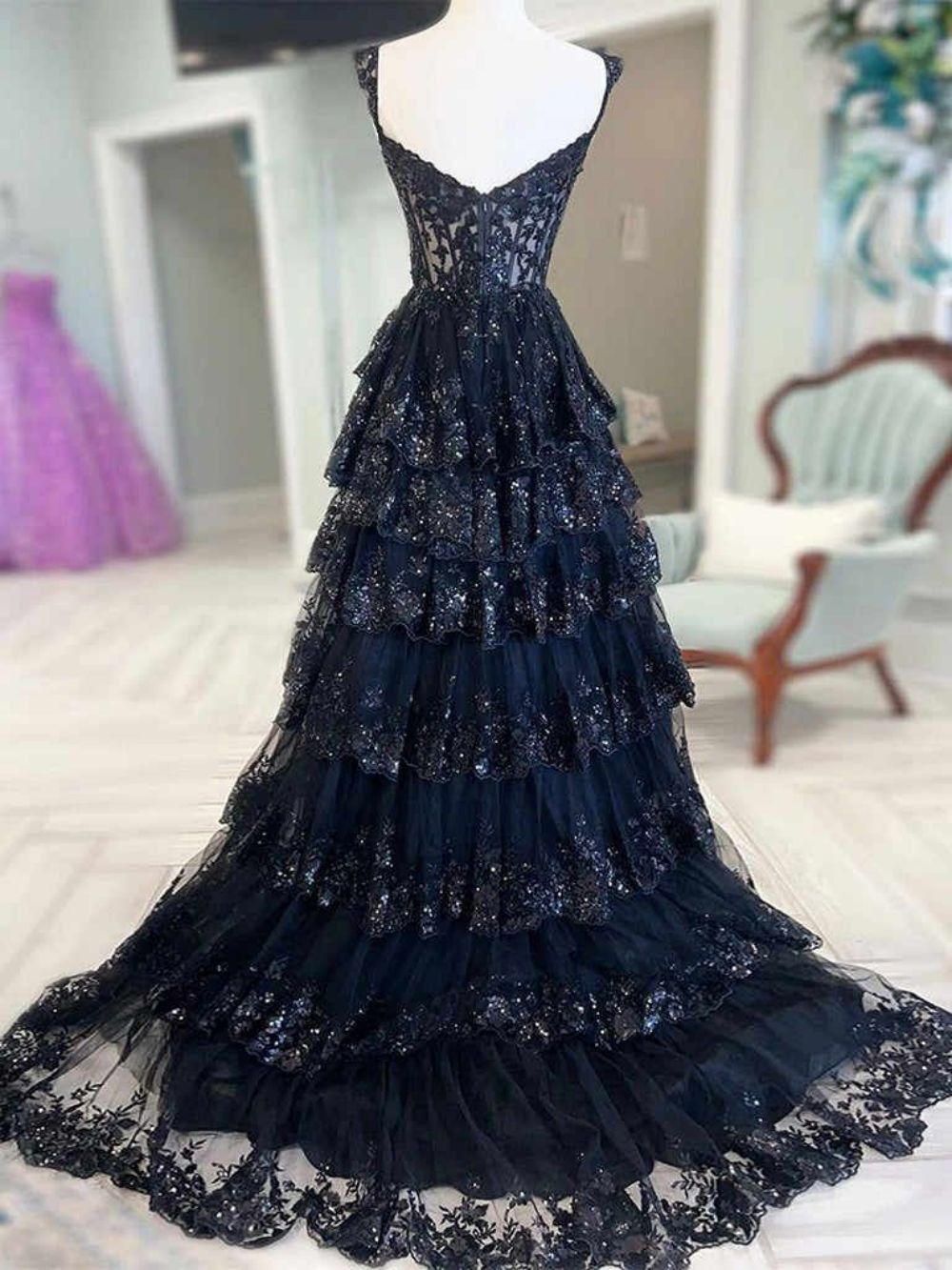 Sparkly Sleeveless Spaghetti Straps Sequins Ball Gown Navy Blue Prom Dresses AB457
