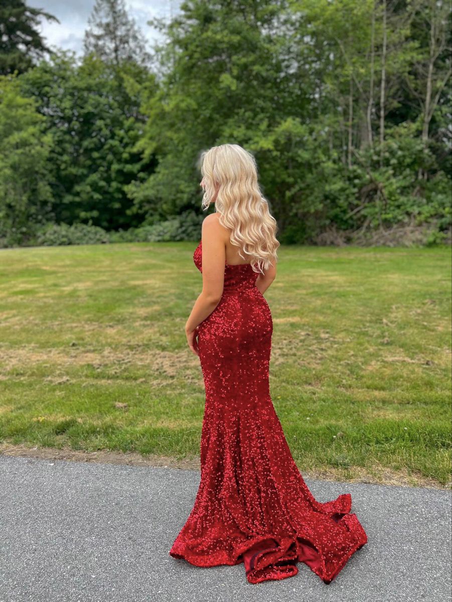 Robe de bal longue et élégante, style sirène, décolleté en cœur, paillettes rouges, robe de soirée longue, inspiration, robe de bal pour seniors, RB1256