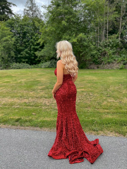 Robe de bal longue et élégante, style sirène, décolleté en cœur, paillettes rouges, robe de soirée longue, inspiration, robe de bal pour seniors, RB1256