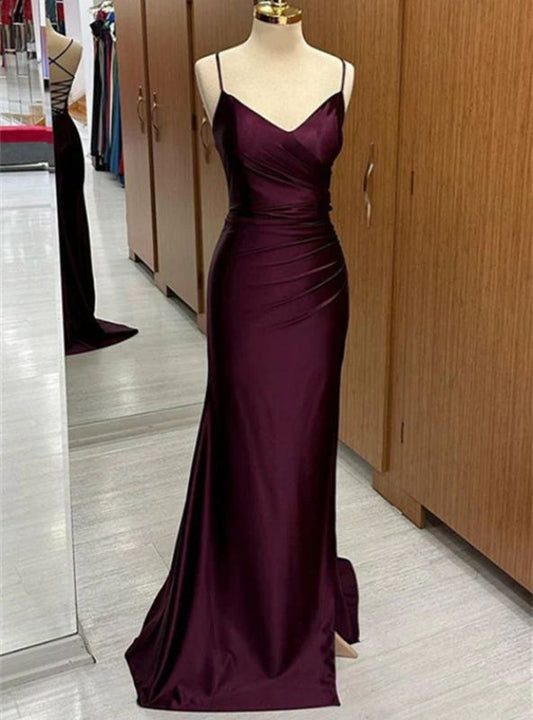 Purple Mermaid Satin Spaghetti Straps Pleats Prom Dress For Women AB1520