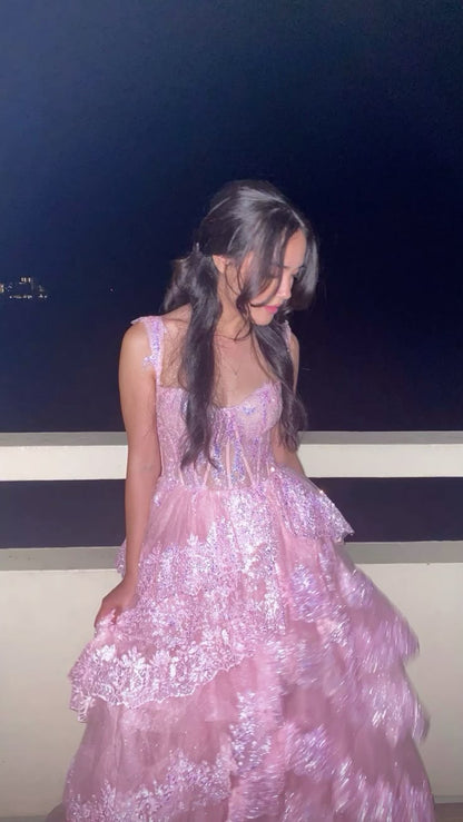 Elegant Ball Gown Sweetheart With Lace Strap Blush Pink Long Pleated Ruffles Slit Prom Dresses Vestidos De Dia AB577