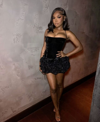 Sexy Sheath Halter Little Black Dress For Black Girls For Teens With Flowers Party Short Mini 19th Birthday Dresses Hoco Outfit RB3793