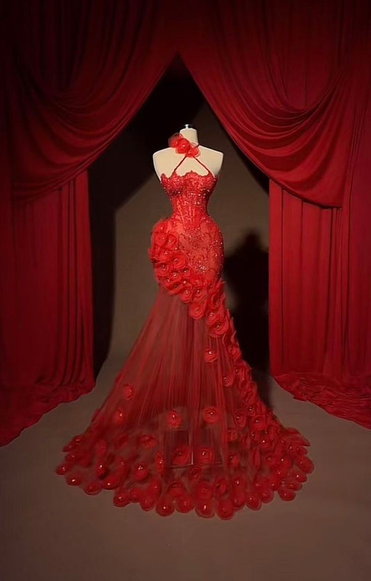 Modest Mermaid Halter Red Tulle Prom Dresses With Flowers Appliques Evening Party Formal Gown 20th Birthday Outfits AB818