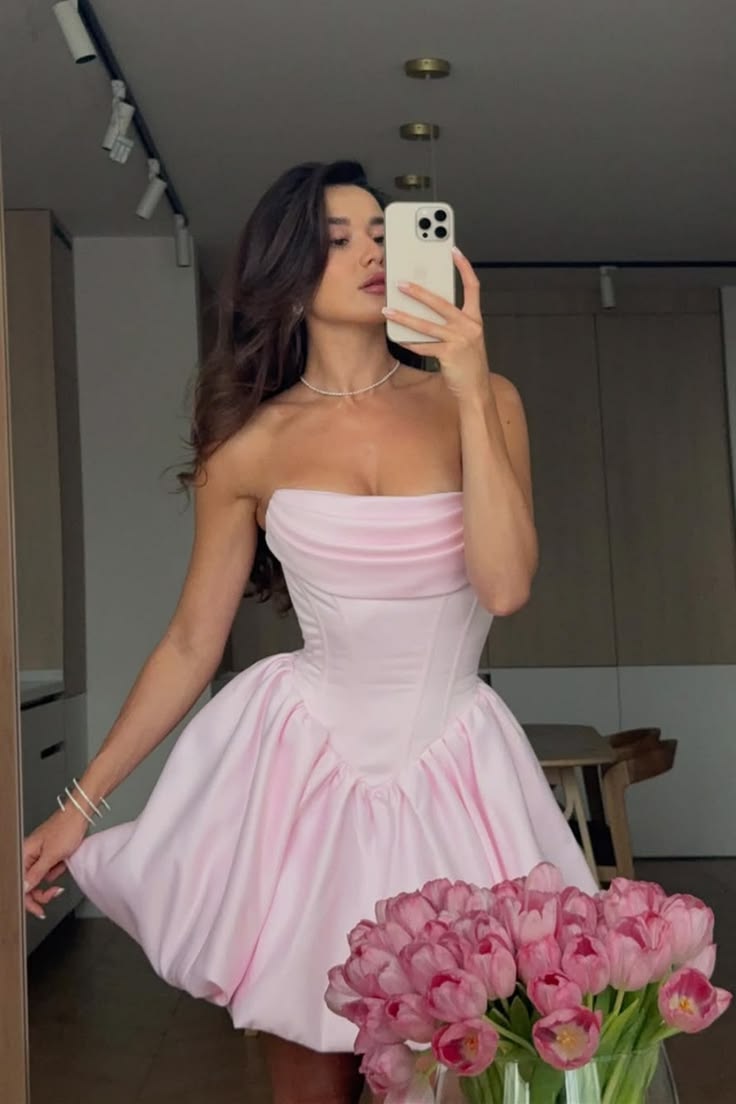 Robes de Bal Courtes Rose Mini Sans Bretelles Sans Manches Senior Inspo N4739