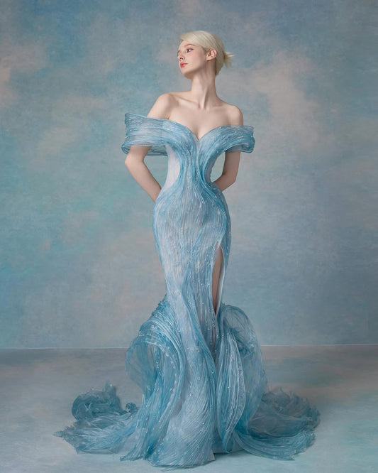 Robe de soirée sirène modeste, épaules dénudées, en tulle bleu glacier avec fente, longue, idéale pour un bal de promo ou un 22e anniversaire (AB1361)