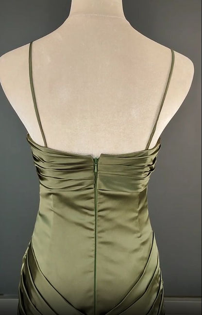 Elegantes, dunkelgrünes, langes Meerjungfrauen-Abendkleid aus Satin mit Spaghettiträgern – Wunderschönes Abendkleid N1782