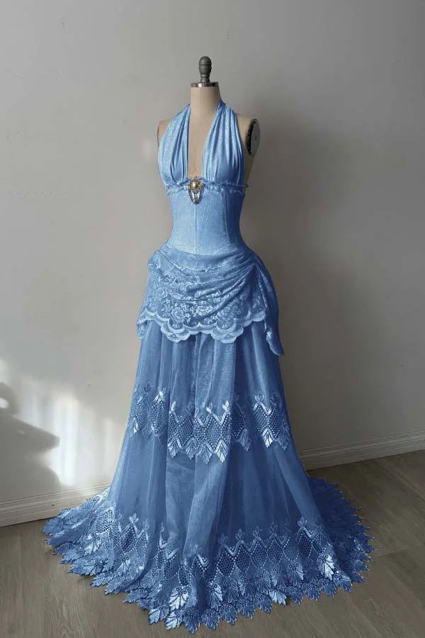 Dreamy Ball Gown Halter Light Blue Lace With Pleated Long Prom Dress Ruffles Evening Party Formal Outfits RB6682