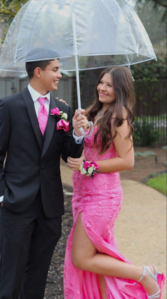 Magnifique robe de soirée sirène rose fuchsia fendue, maxi maxi, ornée d'appliqués de dentelle et d'une fente, AB269