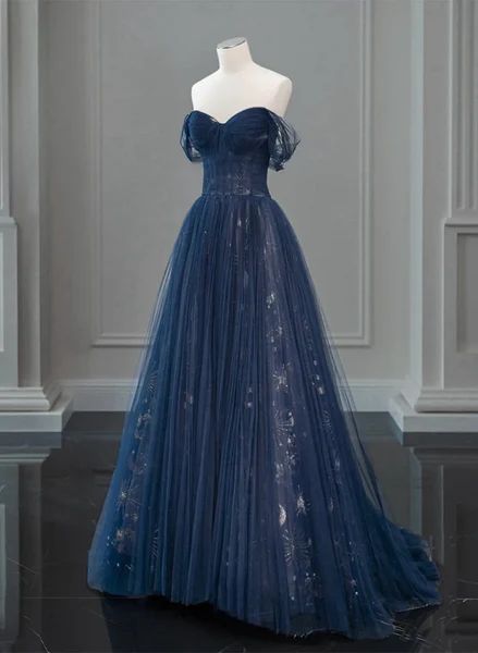 A-Line Off Shoulder Tulle Lace Dark Blue Long Prom Dresses AB693