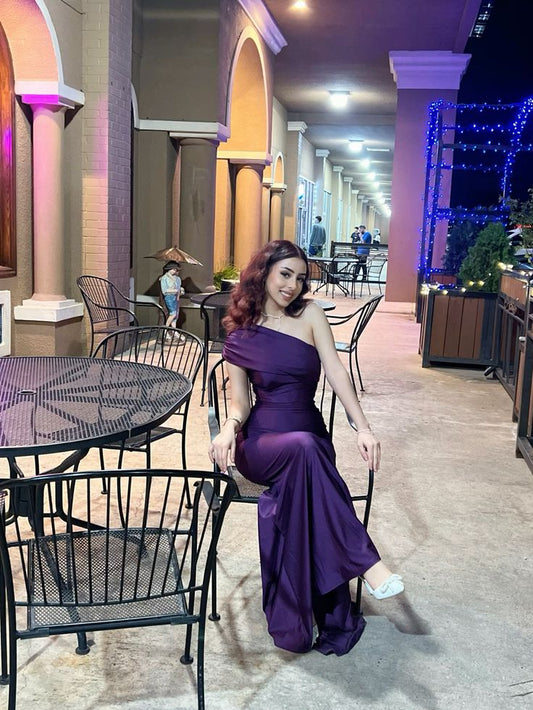 Aesthetic Mermaid One Shoulder Grape Satin Long formal dresses Evening Prom Dresses AB637
