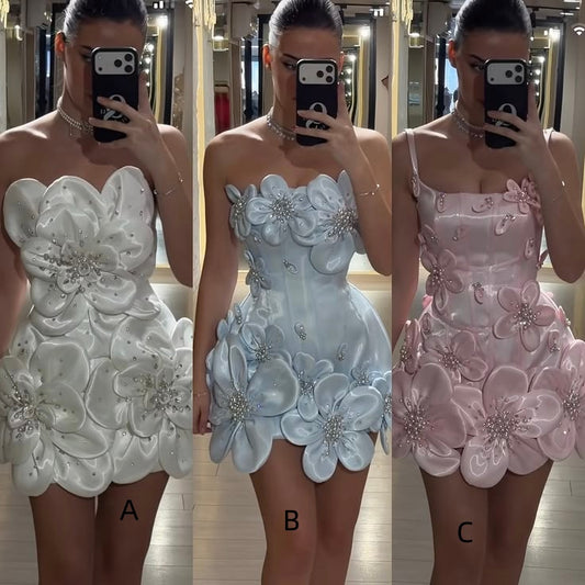 Sweet Sheath Strapless Satin With 3D Flower Mini Short Hoco 20th Birthday Dress Homecoming Dresses RB4159