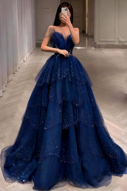 Robe de bal somptueuse en tulle bleu scintillant ornée de perles, robe de soirée à volants et strass AB2197
