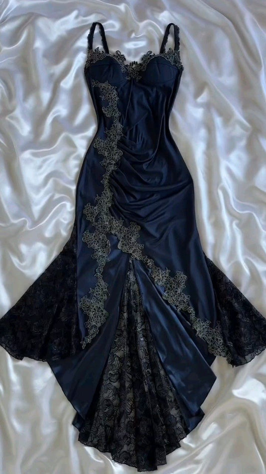 Elegantes Meerjungfrauen-Spaghettiträgerkleid aus marineblauem Satin und Spitze für Damen – langes, formelles Abendkleid, Ballkleid, Outfit zum 22. Geburtstag AB1364