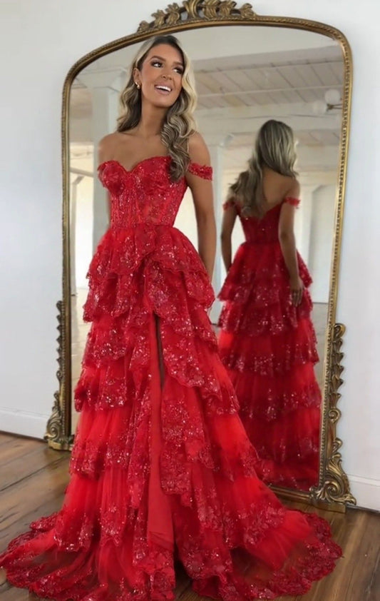 Elegantes, schulterfreies, rotes Spitzenkleid in Marineblau, langes Abendkleid mit Lagen, Ballkleid, Abendoutfit AB820