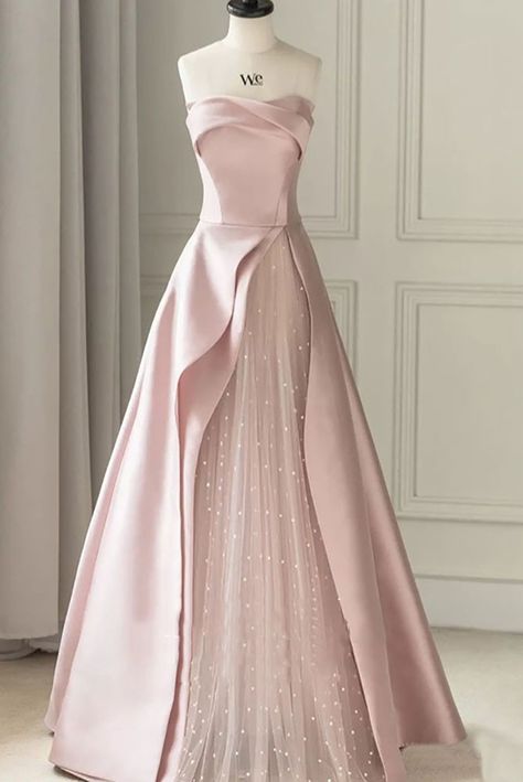 Robe de bal trapèze bustier en satin noir et tulle rose, modèle AB536