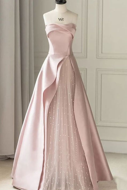 Robe de bal trapèze bustier en satin noir et tulle rose, modèle AB536