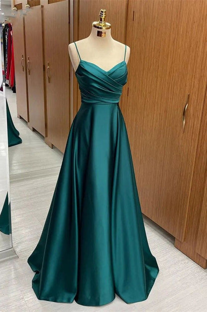 Classy Slim Long Green Satin A line Prom Dress With Straps AB135