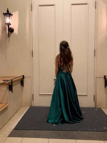 Modest A line Spaghetti Strap Dark Green Satin Prom Dresses Long for Women Formal Evening Gown AB162