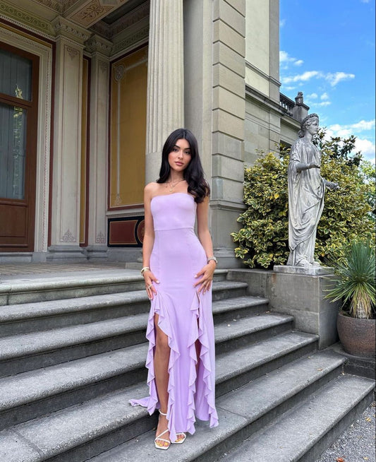 Robe de bal sirène bustier en mousseline lilas à volants et fente, modèle AB144