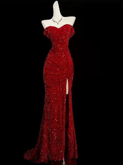 Robe de soirée longue rouge à sequins, décolleté cœur et fente sirène élégante, référence AB130