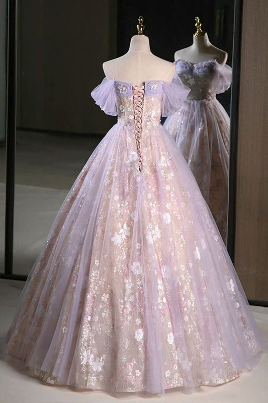 Modest Lilac Off The Shoulder Tulle A Line Prom Dress With Appliques AB133