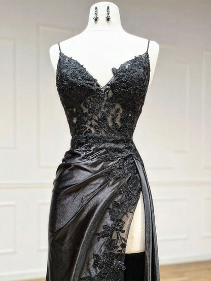 Robe de bal longue sirène bordeaux à fines bretelles et col en V en satin et dentelle AB138