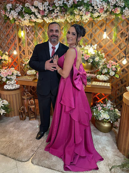 Modest A Line Satin Fuchsia Open Back With Bow Prom Dresses Long for Women Formal Evening Gown AB178