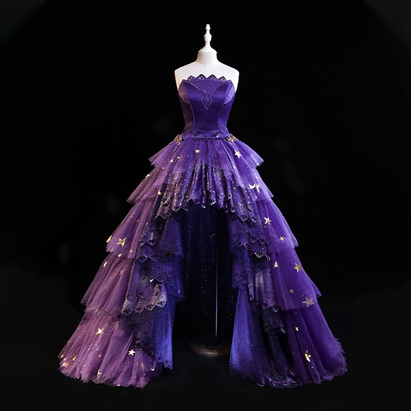 Prinzessinnen-Abendkleid, trägerlos, lila Satin mit Spitze, High-Low-Design, langes Partykleid, Abschlussballkleid, formelles Abendkleid AB2171