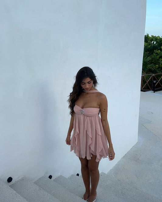 Cute A Line Strapless Pink Chiffon Short 15th Birthday Dress Middle School Semi Homecoming Dresses Cocktail Outfits RB004