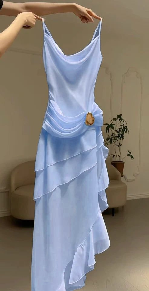 Robe de bal/soirée/fête élégante rose vintage à fines bretelles en mousseline longue N1869