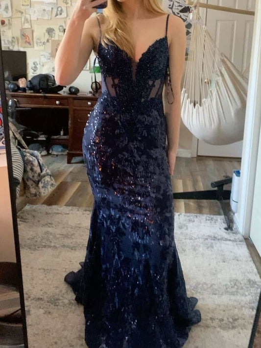 Aesthetic Mermaid Spaghetti Straps Navy Blue Tulle Lace Long Formal Dresses Evening Prom Dress AB676