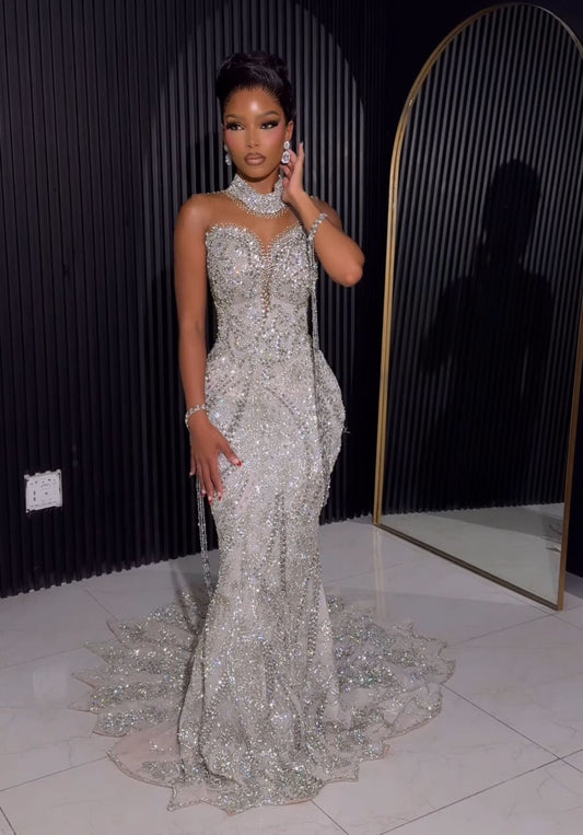 Modest Mermaid High Neck Silver Sequin Prom Dresses With Beads Gem Evening Party Formal Gown 20th Birthday Outfits AB821