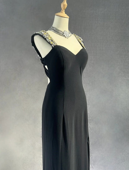 Robes de bal vintage en mousseline de soie noire avec fente, ligne A, bustier en cœur, perles années 70, robe de soirée N2567