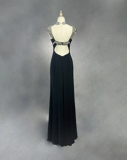 Robes de bal vintage en mousseline de soie noire avec fente, ligne A, bustier en cœur, perles années 70, robe de soirée N2567