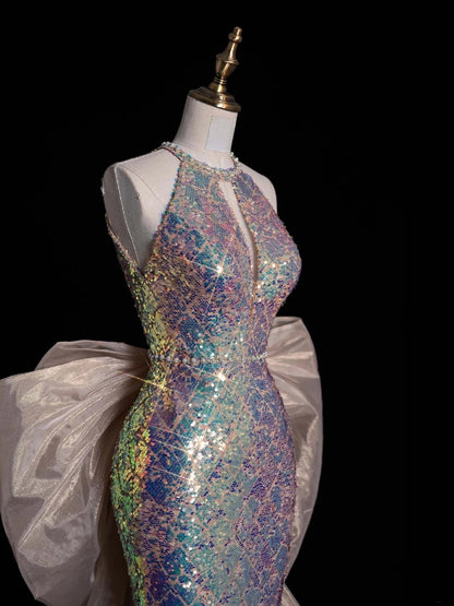 Sparkly Mermaid Scoop Neck Sequin Sleeveless Long Prom Dresses Formal Gowns Evening Dress N680