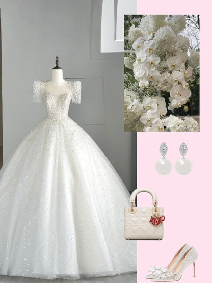Robe de bal intemporelle bustier cœur en tulle blanc à sequins, robe de mariée longue de conte de fées automnal N540