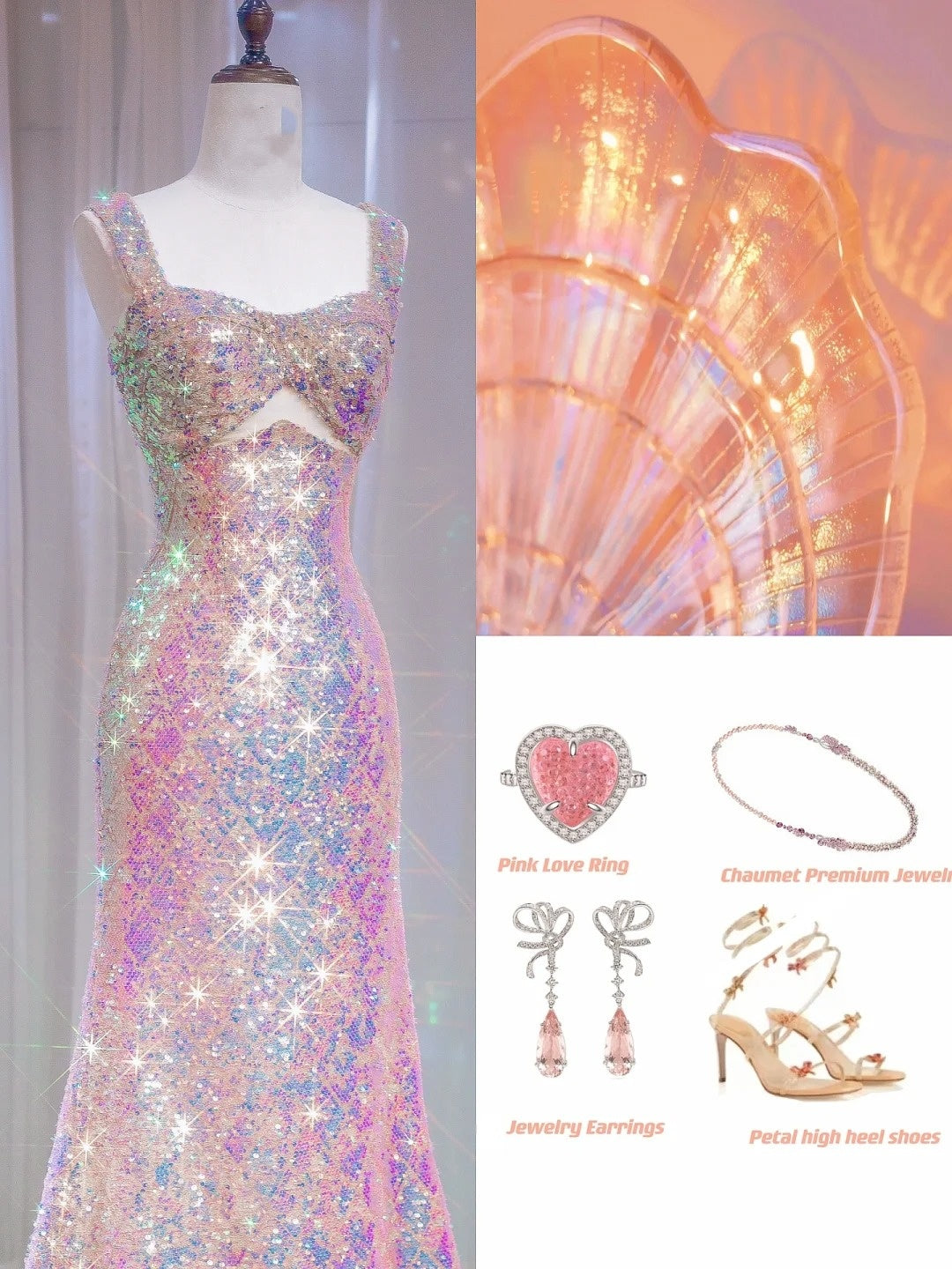 Robe de soirée longue à paillettes roses, décolleté en cœur et bretelles, style sirène scintillante, référence N724