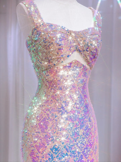 Robe de soirée longue à paillettes roses, décolleté en cœur et bretelles, style sirène scintillante, référence N724